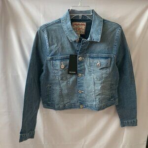 TRUE RELIGION Jesse Cropped Trucker Denim Jacket in Lt Idyllic Wash Sz LARGE